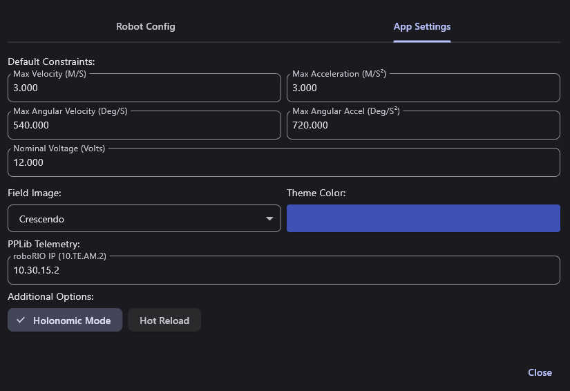 PathPlanner's App Settings: default constraints, field image, roboRIO IP, and the Holonomic Mode and Hot Reload buttons