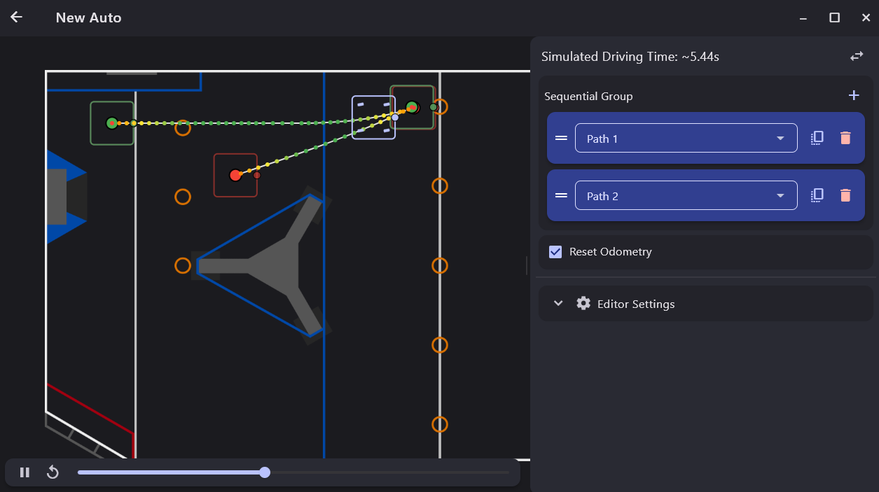 The auto editor: a sequential group with Path 1 and Path 2, a Reset Odometry checkbox, and the robot's route drawn on the field