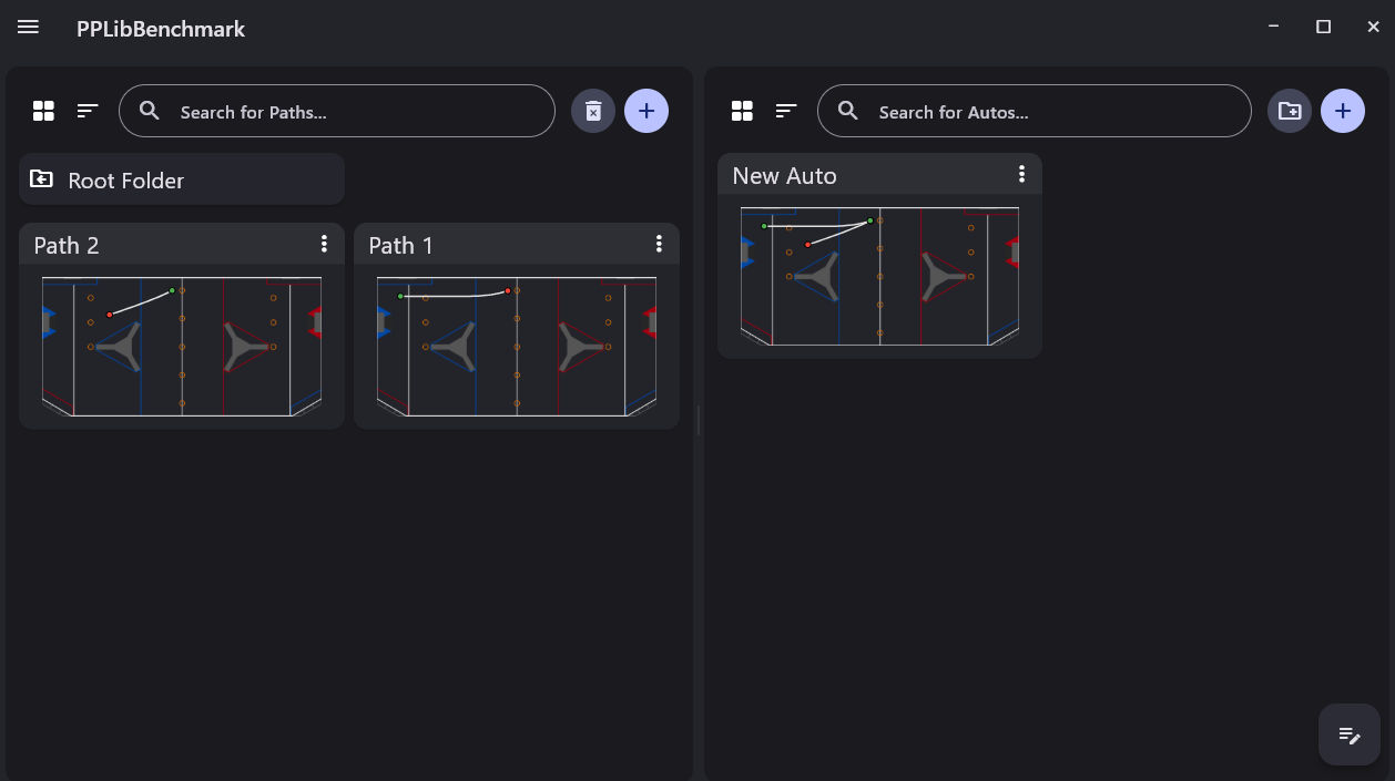 PathPlanner's project browser: path cards on the left, auto cards on the right, with + buttons at the top of each side
