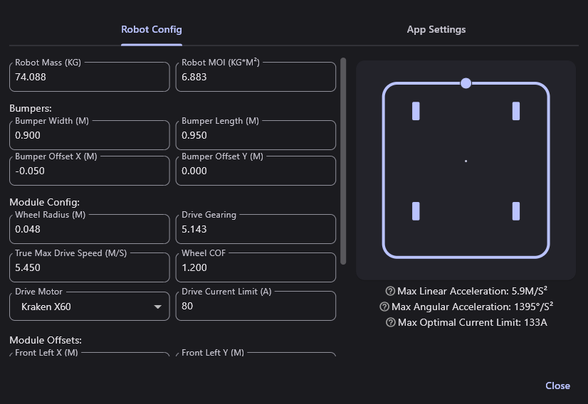 PathPlanner's Robot Config: mass, MOI, bumpers, wheel radius, drive gearing, true max speed, wheel COF, drive motor, current limit