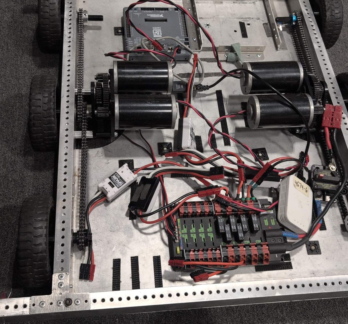 The team's West Coast Drive chassis from above, with its electronics on the belly pan