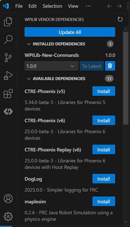 The WPILib Vendor Dependencies sidebar, with installed and available libraries