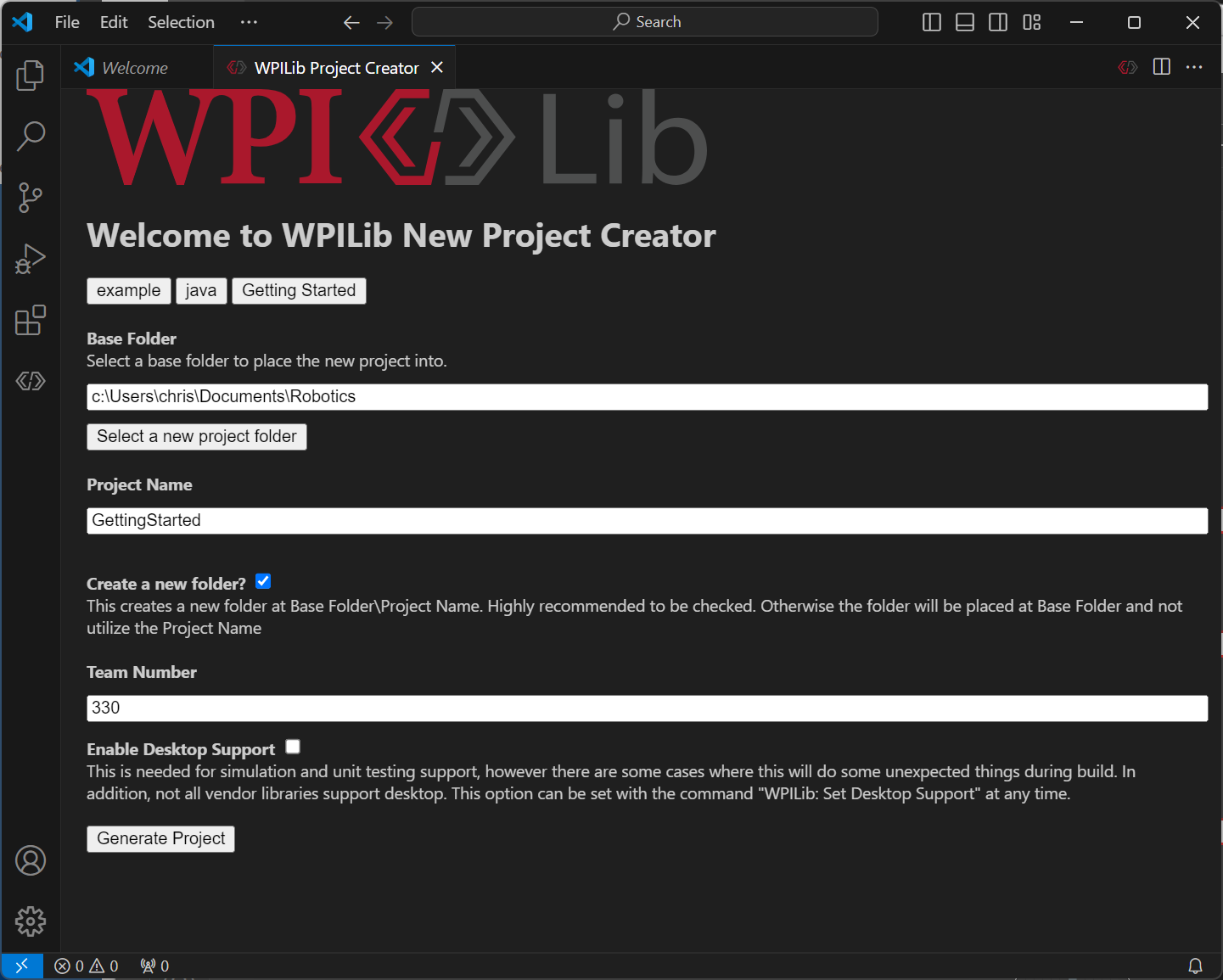 The WPILib New Project Creator, filled in