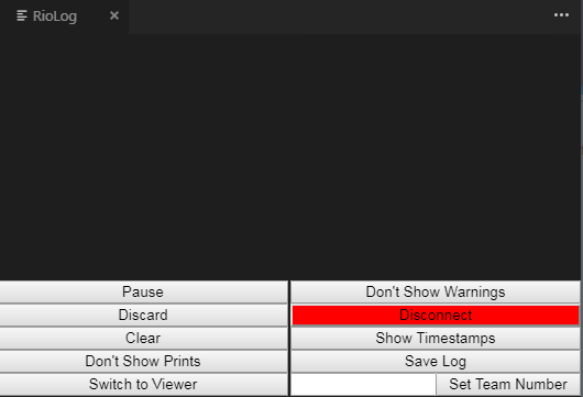 The RioLog window in VS Code, with its buttons along the bottom
